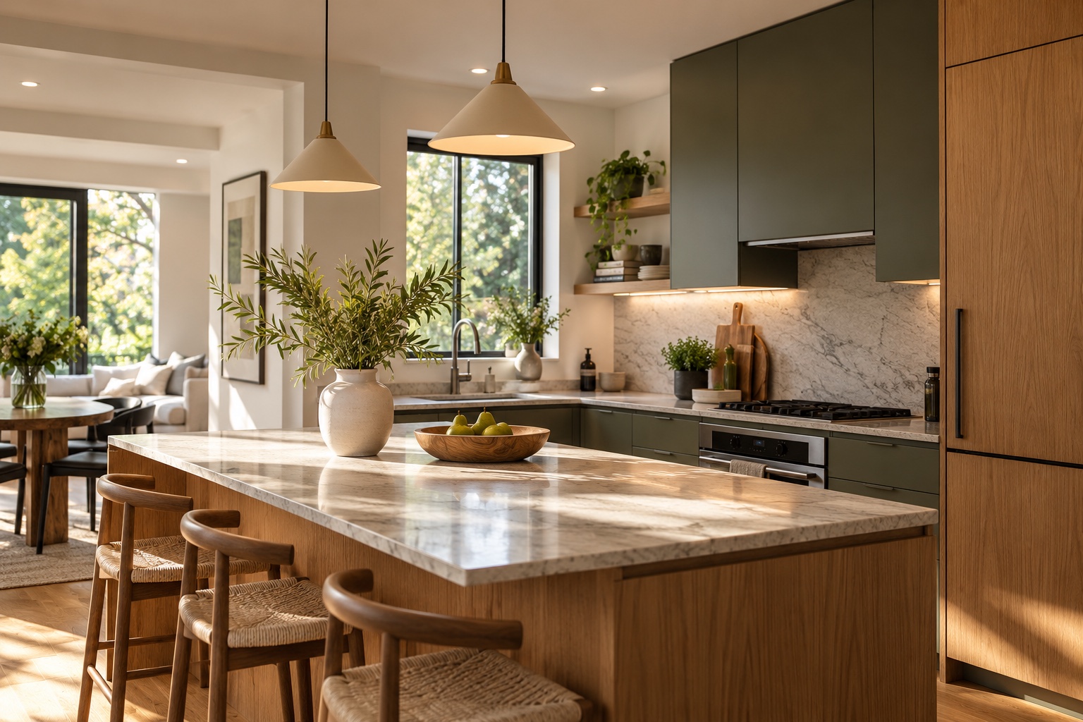 Warm Scandinavian kitchen with natural greenery, wood cabinetry, and marble island