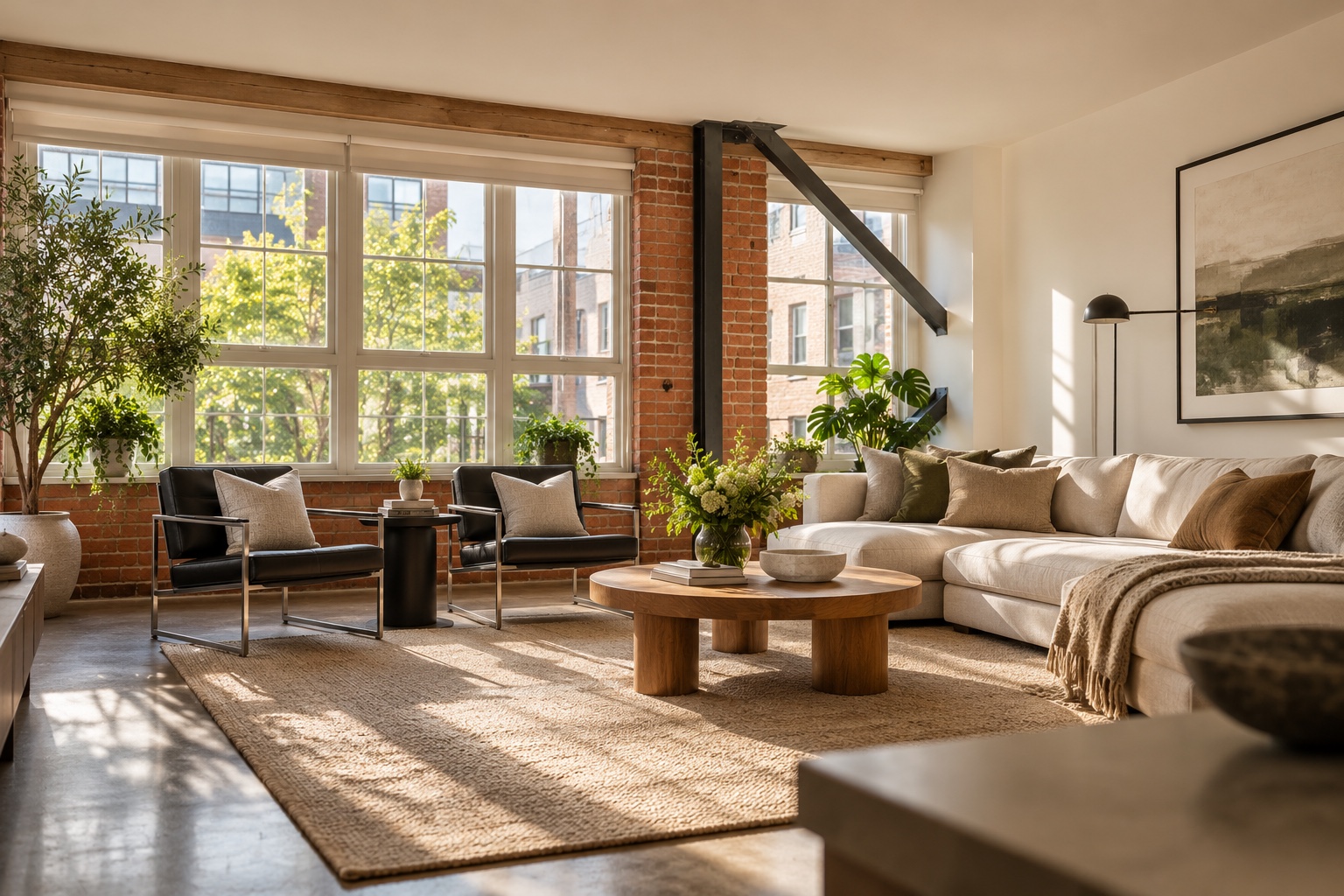 Sunlit Scandinavian industrial loft living room with brick, steel, and warm natural textures