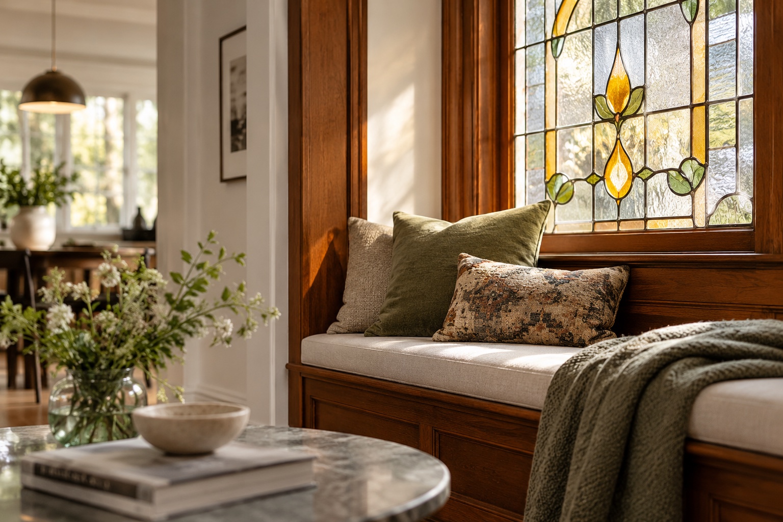 Stained glass window seat nook with warm wood trim and layered textiles