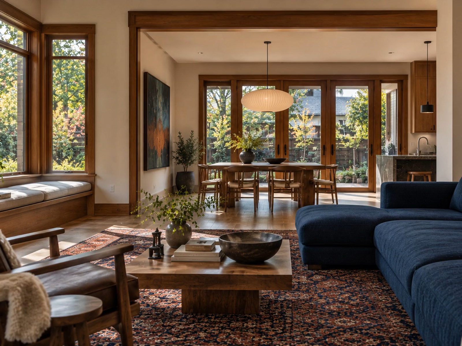 Architectural interior with warm wood finishes and natural light
